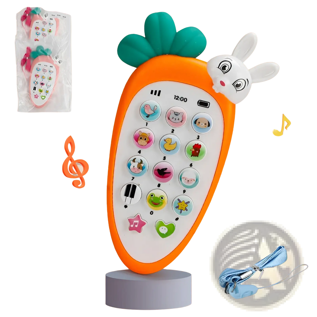 Baby toy phone carrot shape educational music toy in orange with green leafy top and colorful animal buttons