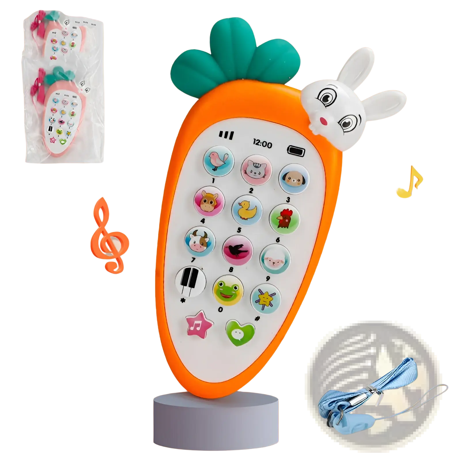 Baby toy phone carrot shape educational music toy in orange with green leafy top and colorful animal buttons