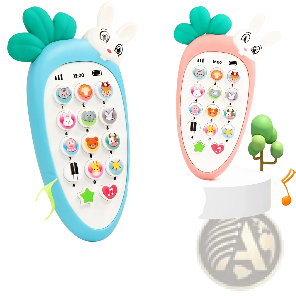 Baby toy phone carrot shape educational music toy in blue and pink with cartoon animal buttons and bunny faces