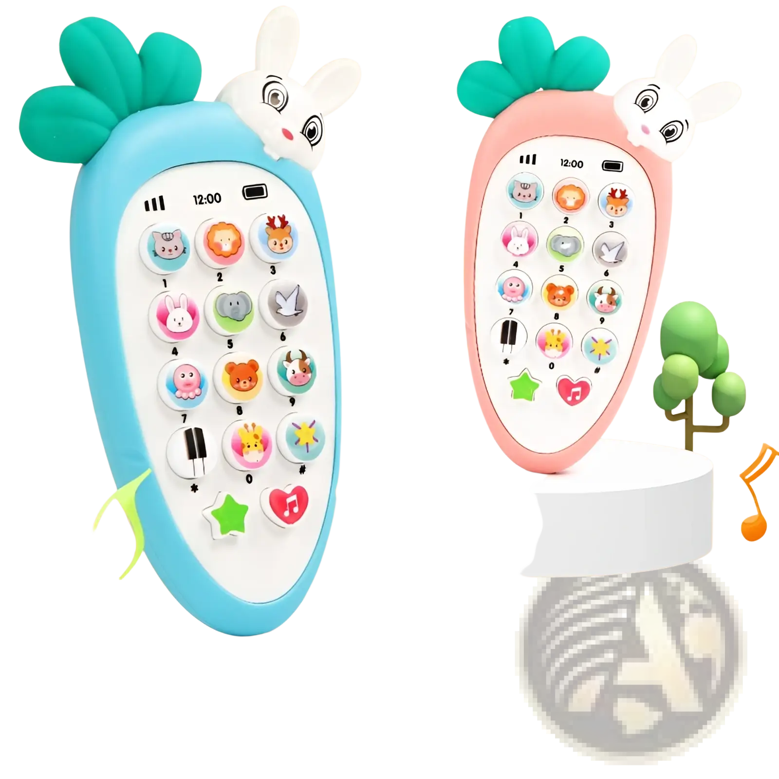 Baby toy phone carrot shape educational music toy in blue and pink with cartoon animal buttons and bunny faces