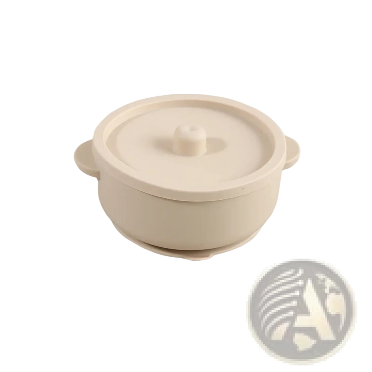 Cream-colored silicone baby training bowl with matching lid and handles for easy grip and portability in weaning dish design
