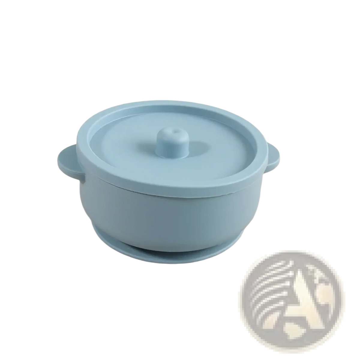 Light blue silicone baby training bowl with matching lid and suction base for weaning and feeding stainless steel dish