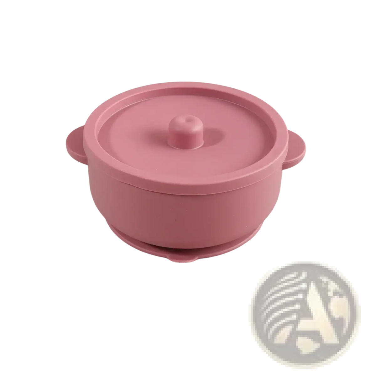 Pink silicone baby training bowl with rounded handles and matching lid for weaning stainless steel dish