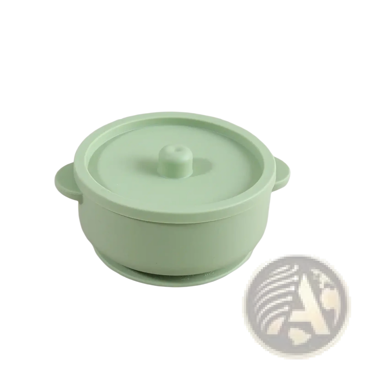 Pastel green silicone baby training bowl with rounded handles and matching lid for weaning stainless steel dish
