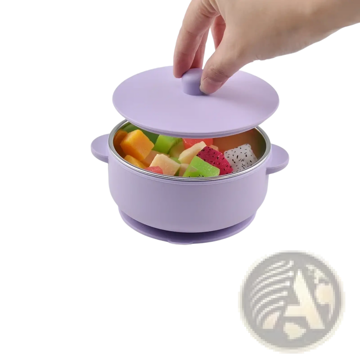 Lavender silicone baby food warmer with matching lid and stainless steel inner pot filled with chopped fruit pieces