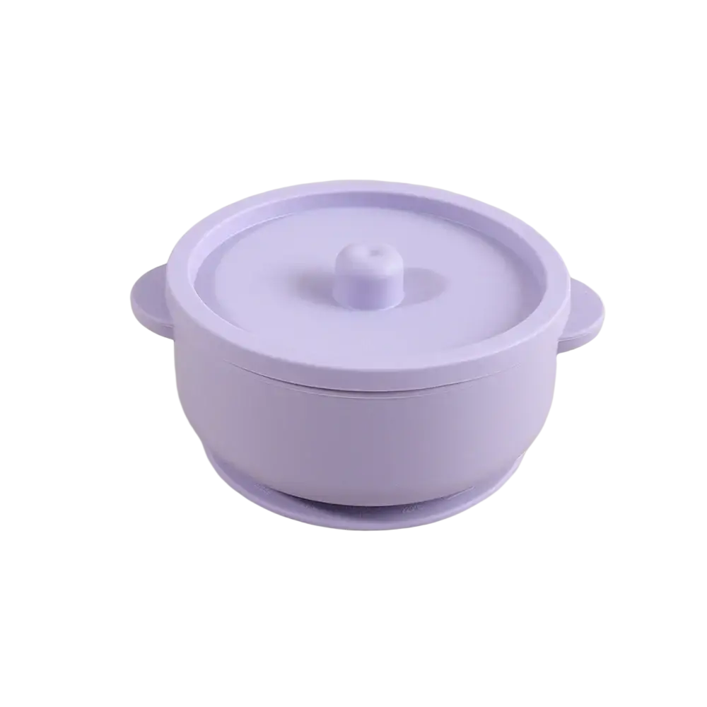 Lavender silicone baby training bowl with lid and suction base for weaning made of stainless steel and silicone