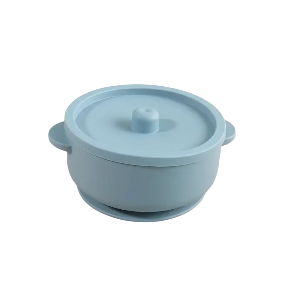 Light blue silicone baby training bowl with matching lid and suction base for weaning and feeding stainless steel dish