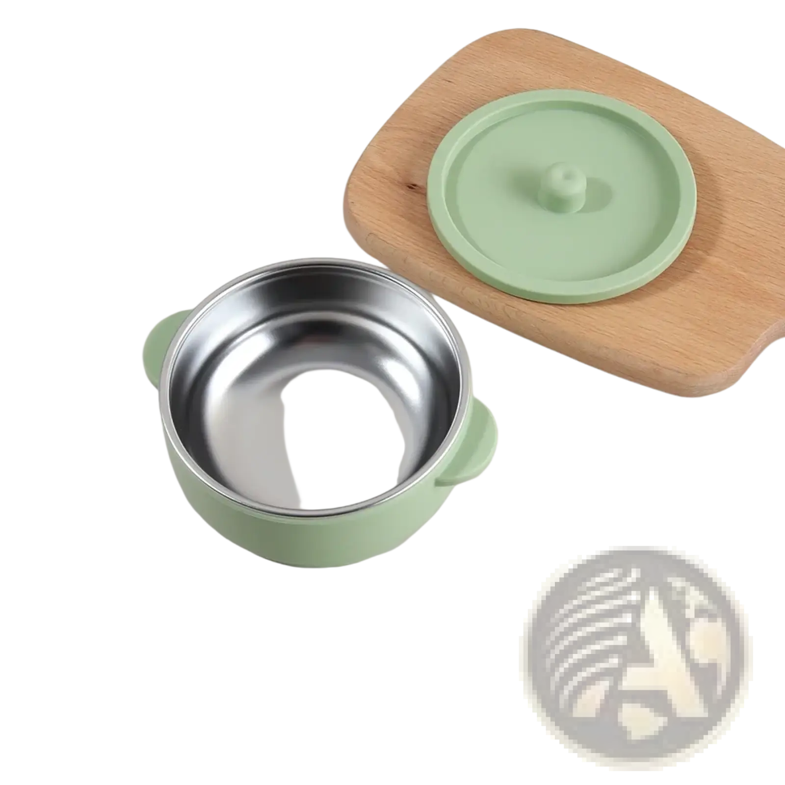 Light green baby training bowl with stainless steel interior, silicone lid, and small handles for easy grip and weaning use