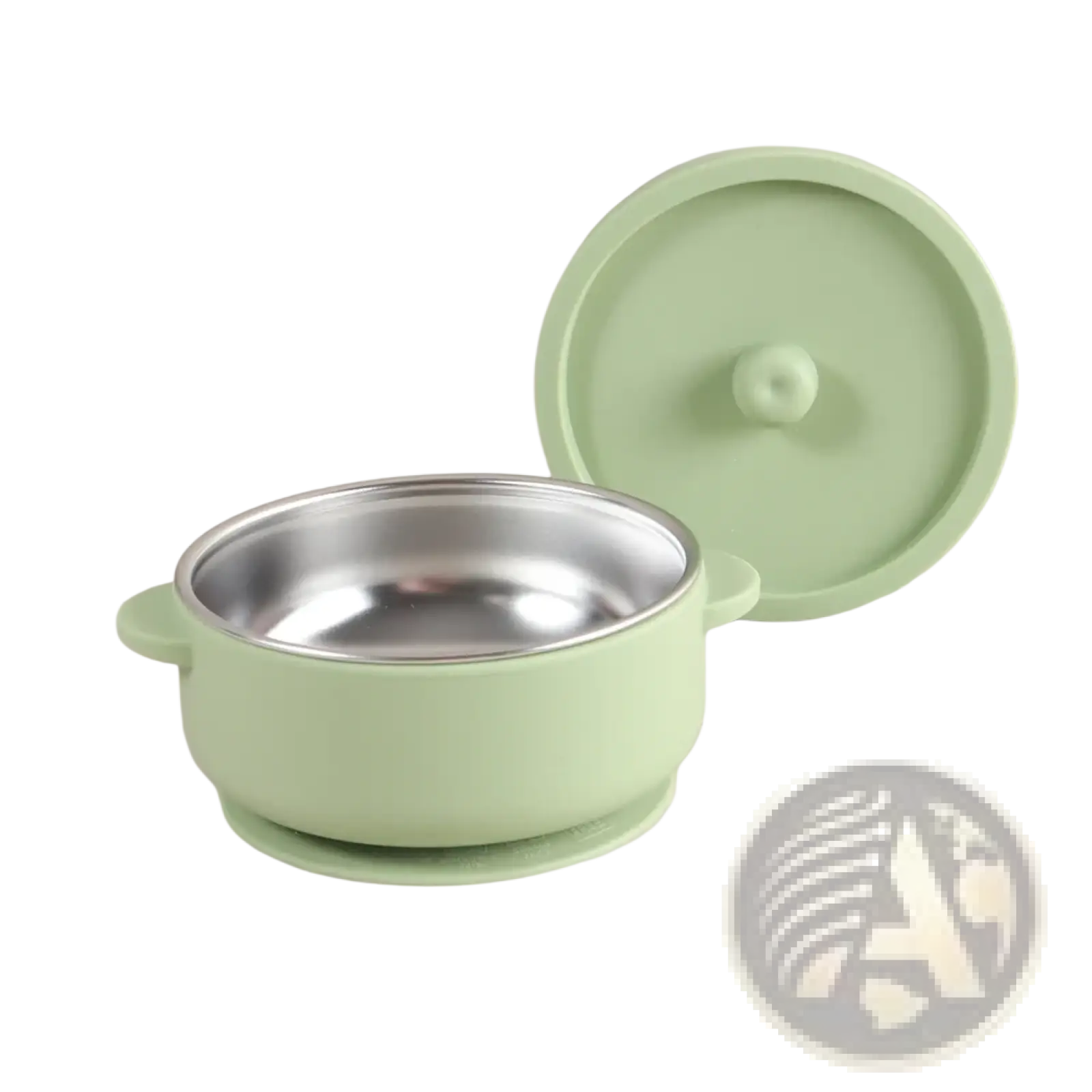 Mint green baby training bowl with stainless steel interior and silicone exterior with matching lid for weaning