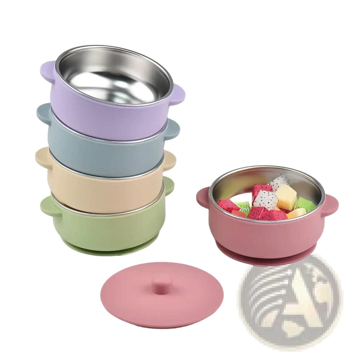 Pastel pink baby training bowl with stainless steel interior silicone exterior and suction base for weaning meals