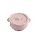 Pink silicone baby training bowl with rounded handles, matching lid, stainless steel base for weaning use