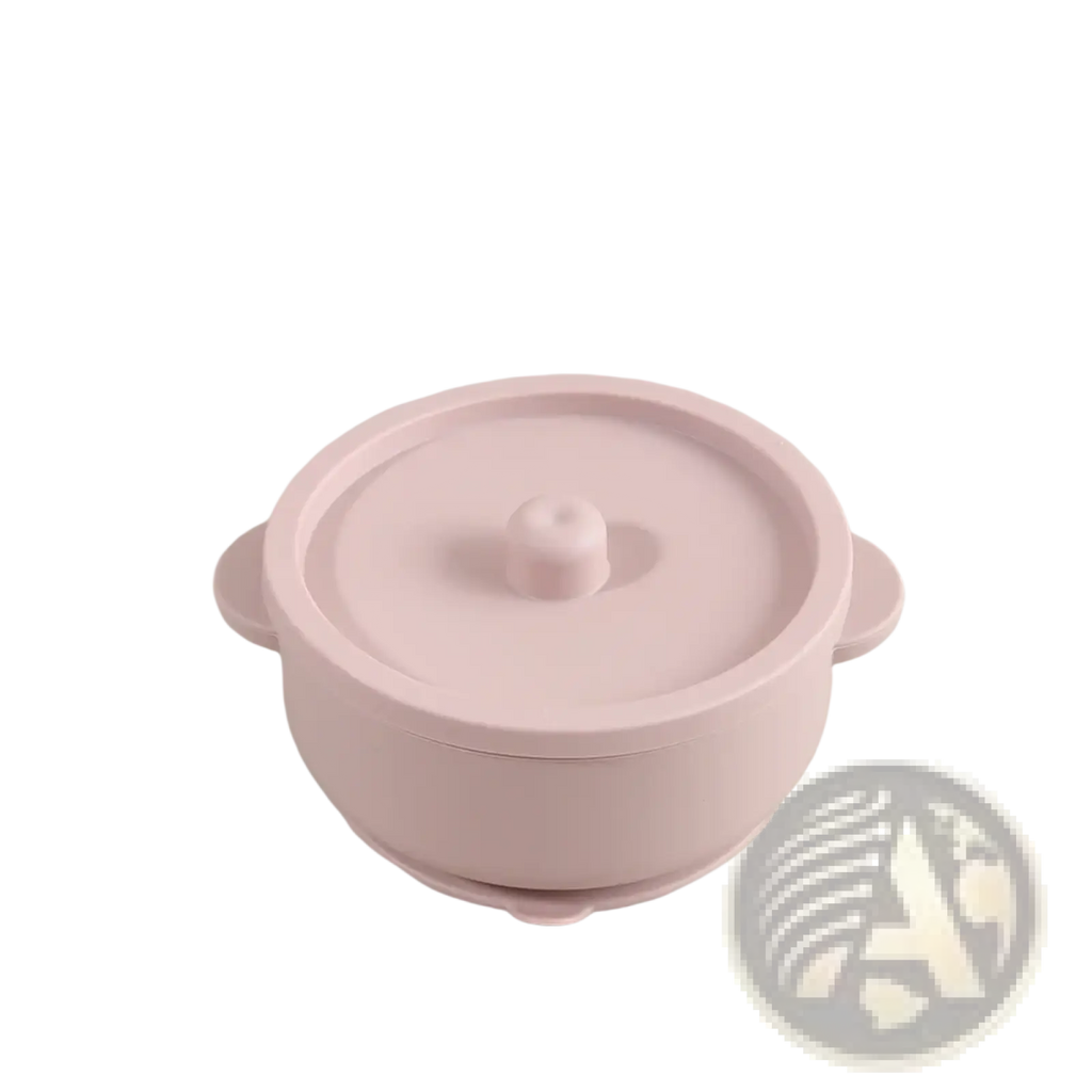 Pink silicone baby training bowl with rounded handles, matching lid, stainless steel base for weaning use