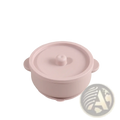 Pink silicone baby training bowl with rounded handles, matching lid, stainless steel base for weaning use