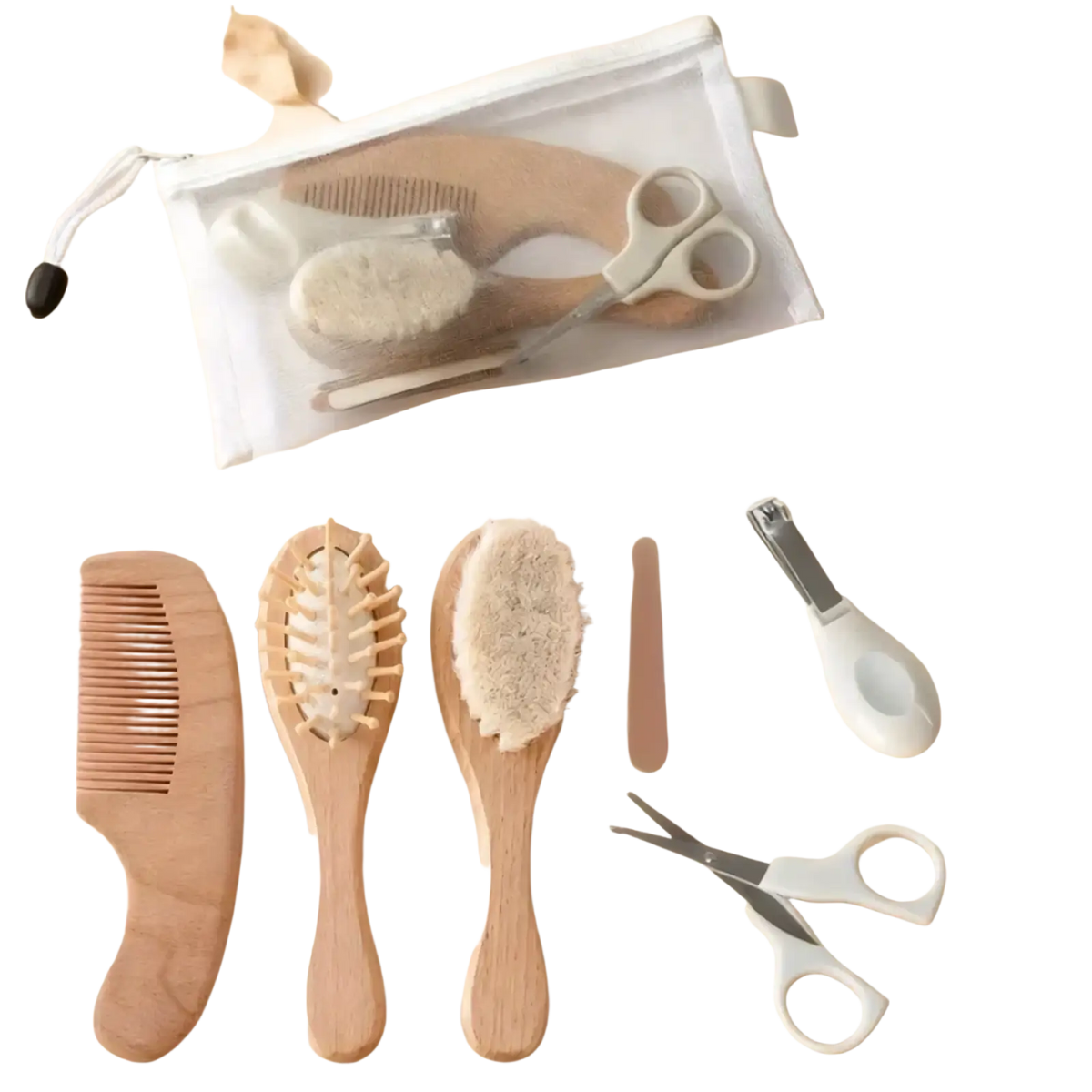 Baby wooden grooming set with natural-fiber brushes comb and scissors in soft beige tones for infant care