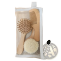 Baby wooden grooming set with a natural wood comb, round bristle brush with rounded tips, and white loofah scrubber