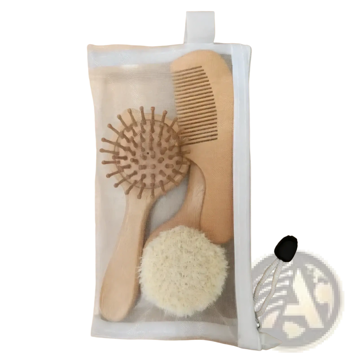 Baby wooden grooming set with a natural wood comb, round bristle brush with rounded tips, and white loofah scrubber