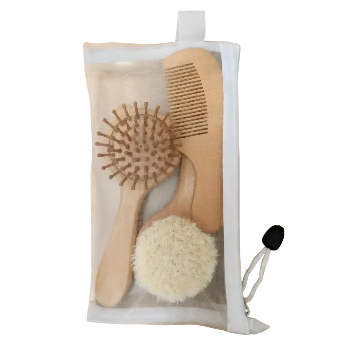 Baby wooden grooming set with a natural wood comb, round bristle brush with rounded tips, and white loofah scrubber