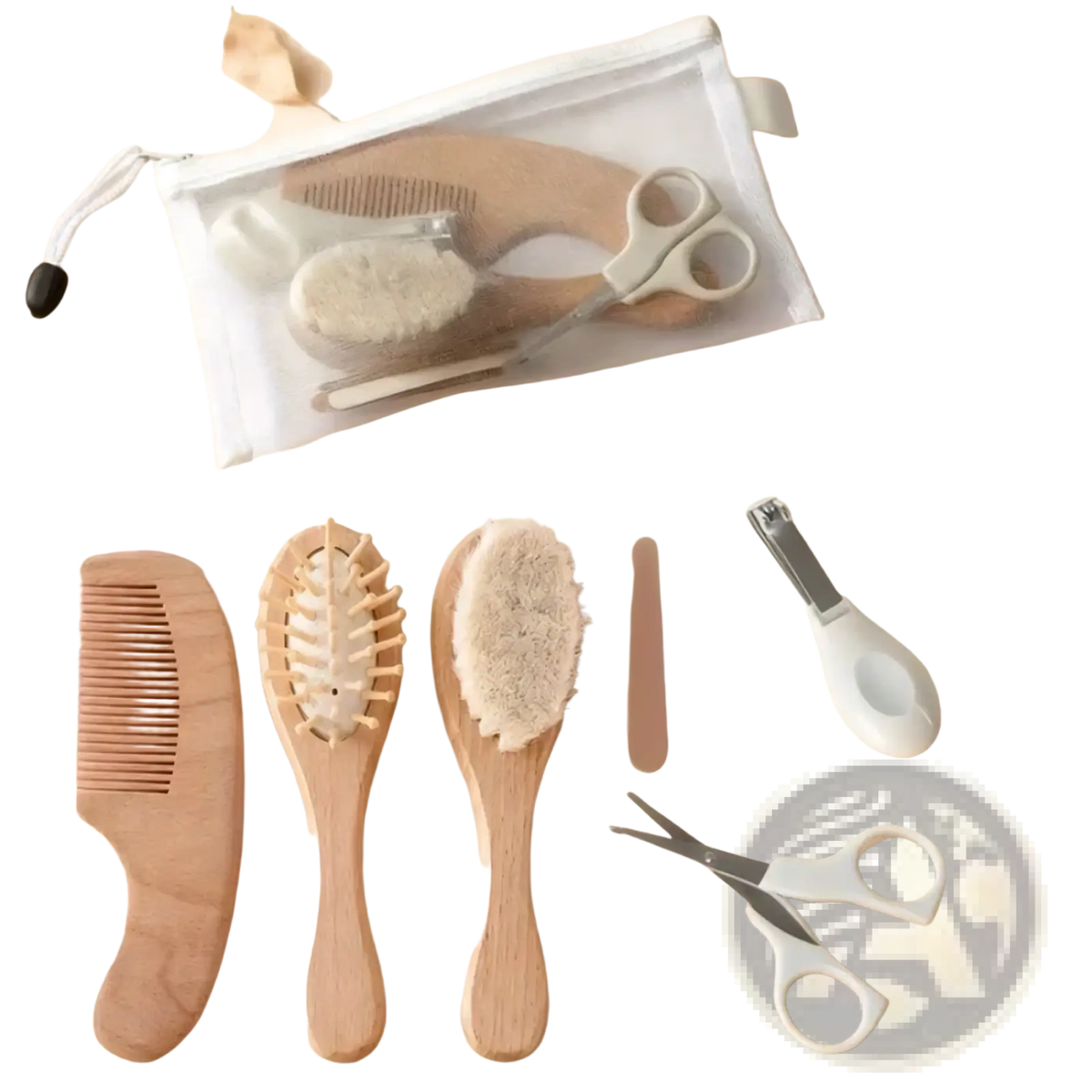 Baby wooden grooming set with natural-fiber brushes comb and scissors in soft beige tones for infant care