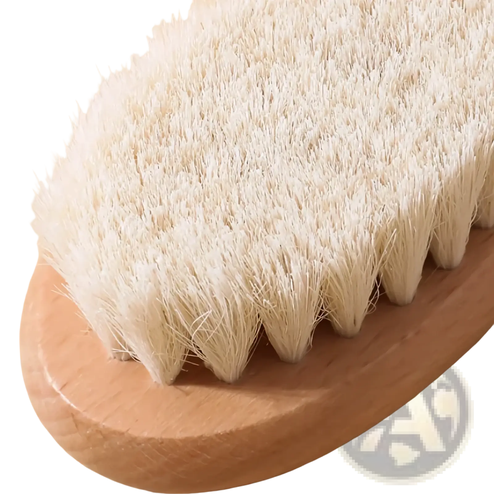 A natural wood-handled body brush with dense soft white bristles in a baby wooden grooming set and healthcare kit