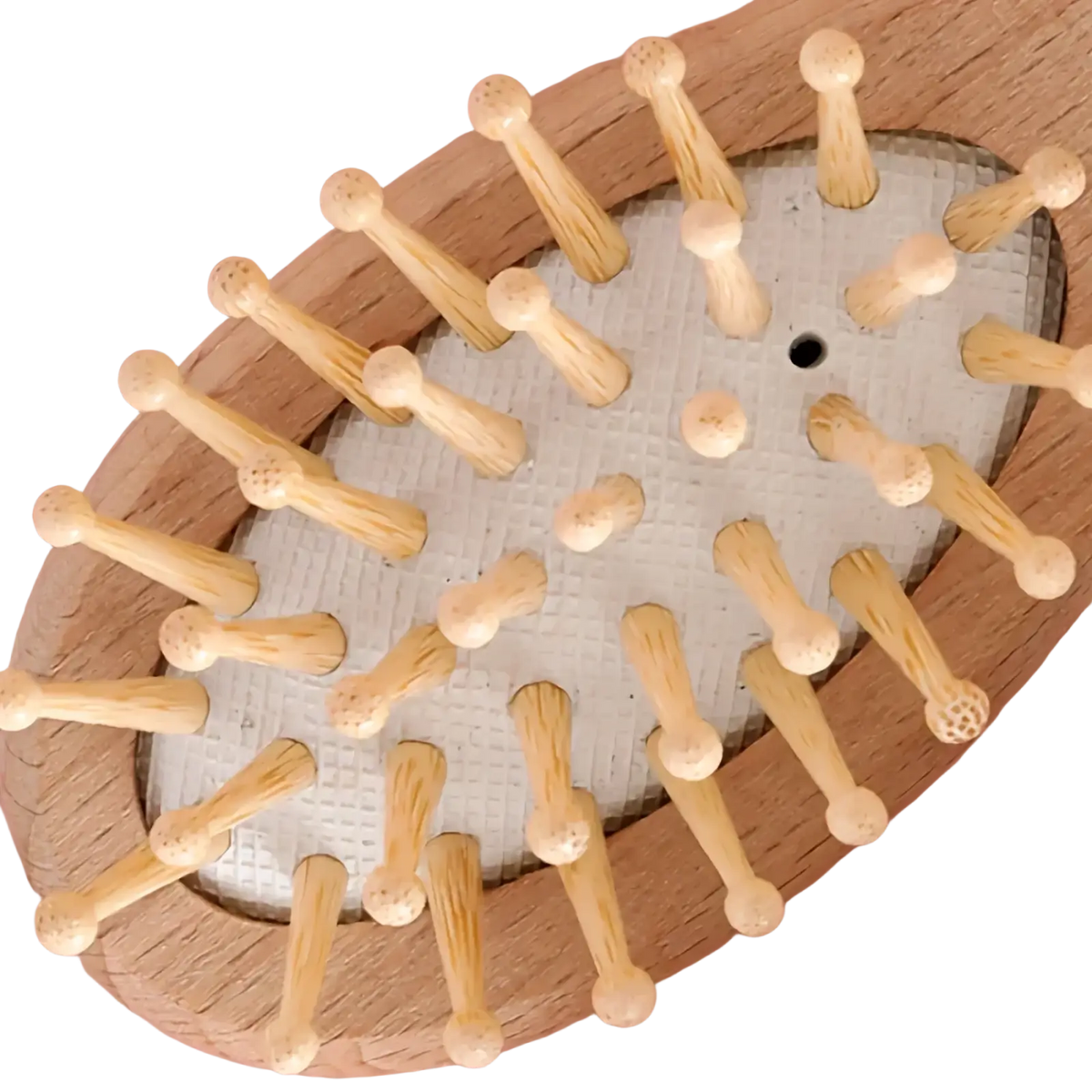 Wooden oval-shaped back massager with light bamboo bristles and textured white rubber base from baby wooden grooming set