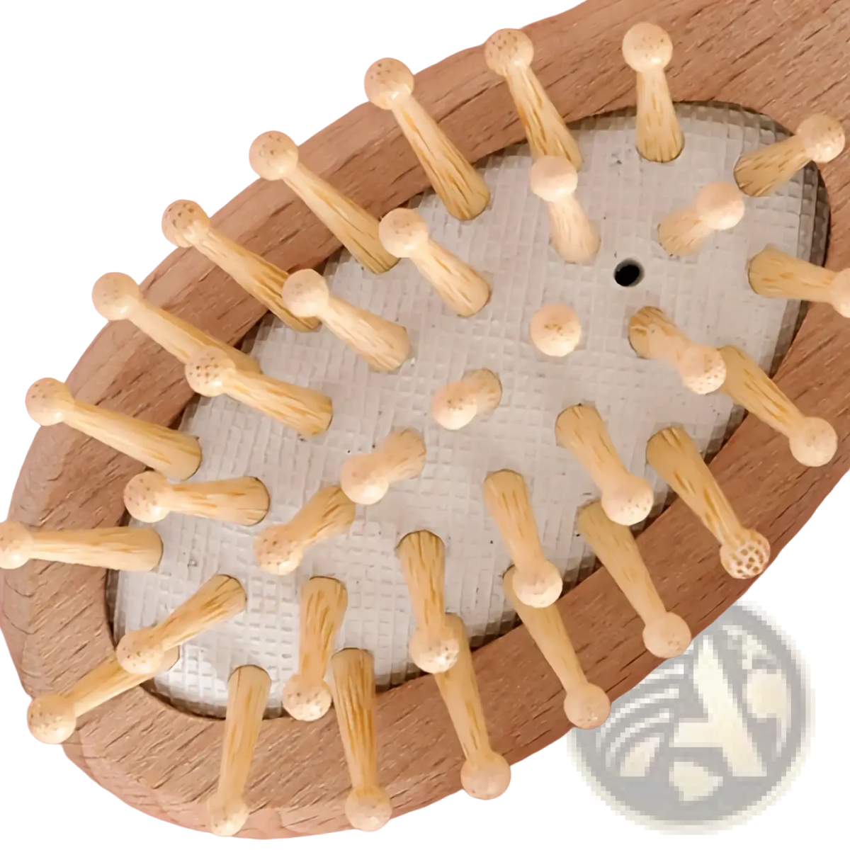 Wooden oval-shaped back massager with light bamboo bristles and textured white rubber base from baby wooden grooming set