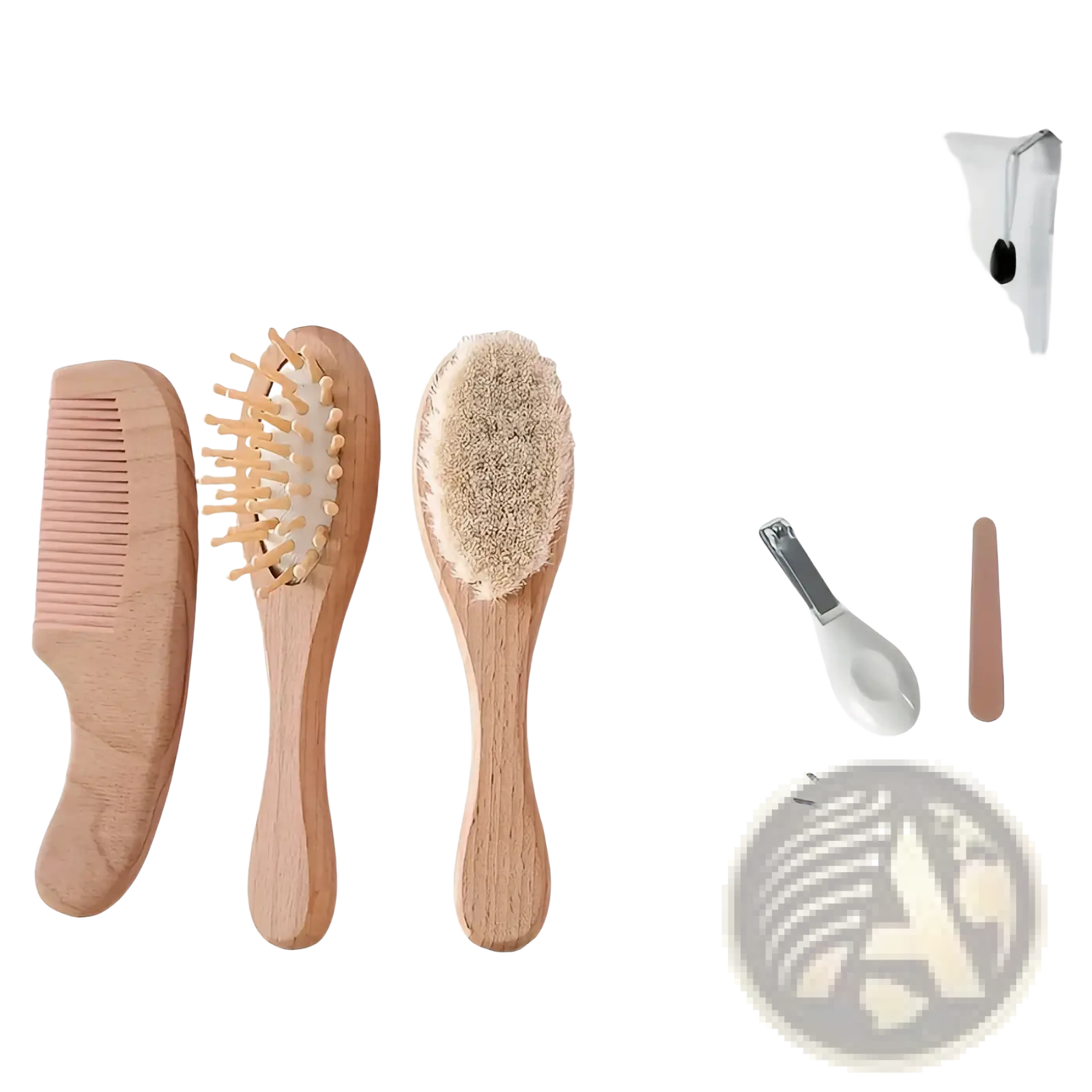 Set of three wooden baby grooming tools with natural bristles and a clear storage bag for healthcare use
