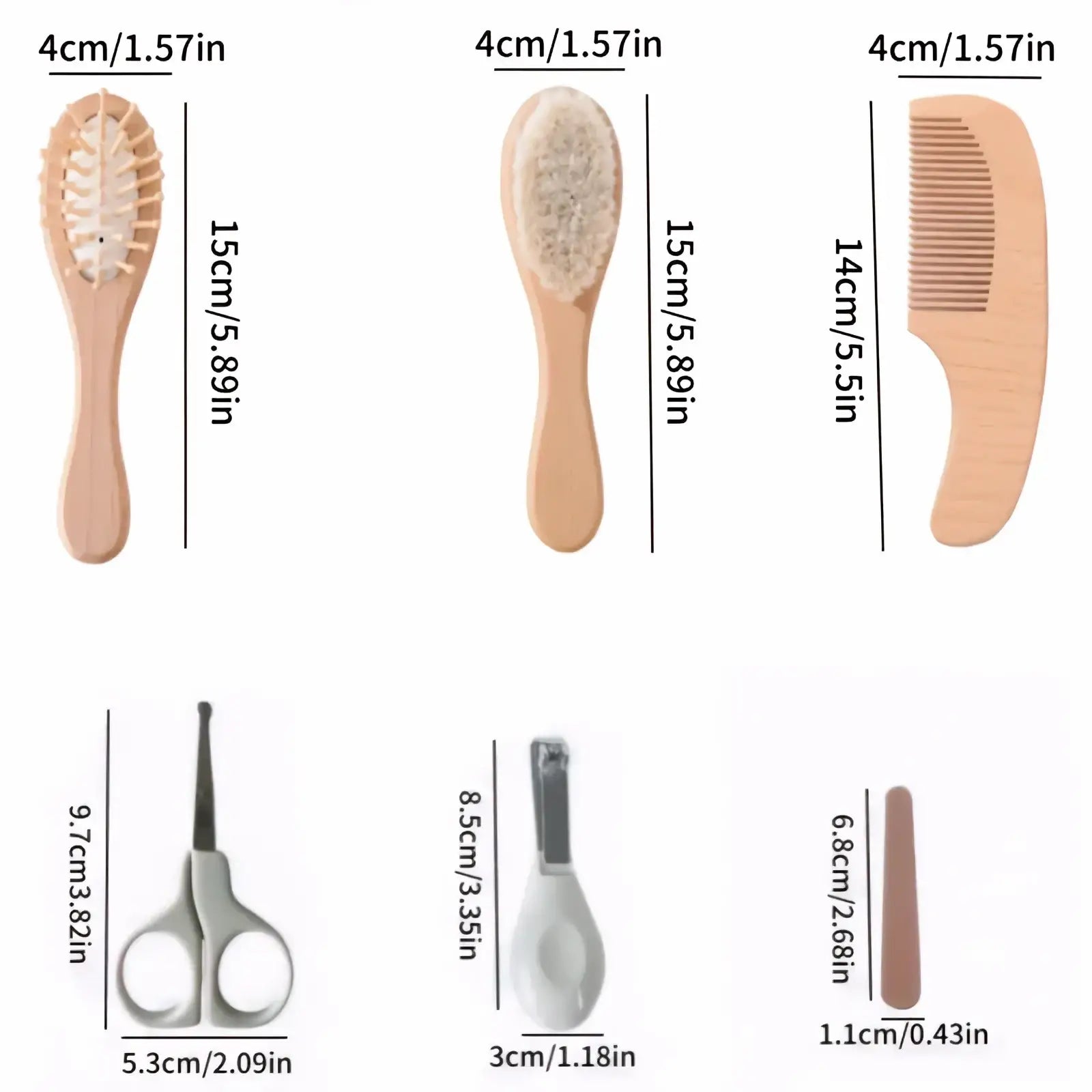 Baby wooden grooming set with natural wood handles featuring soft bristle brushes and a comb for infant care