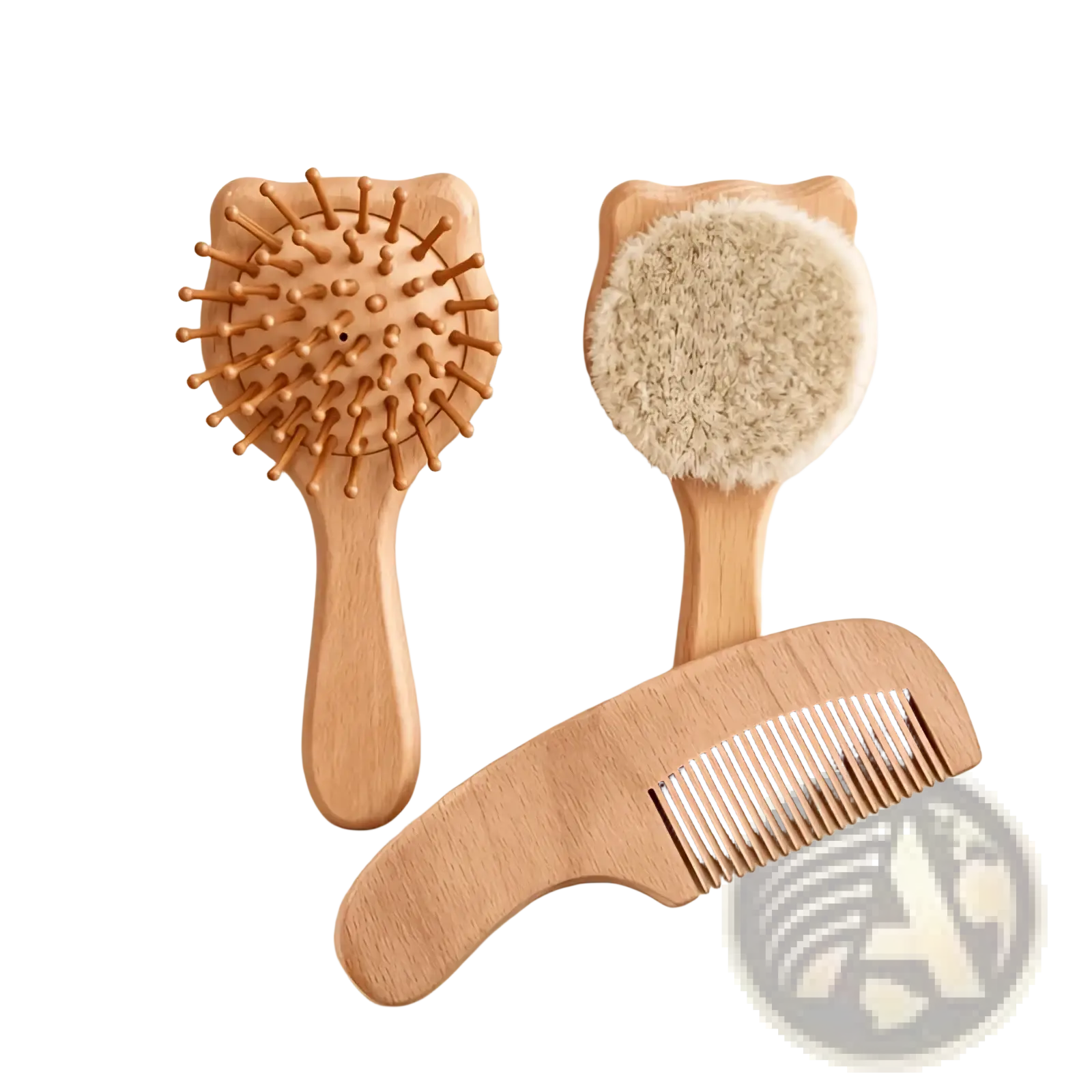 Set of three wooden baby hair care tools including round spiked brush soft-bristled scalp massager and ergonomic comb