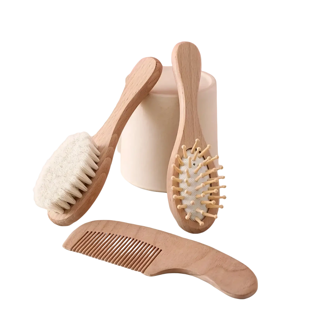 Baby wooden grooming set with three natural wood hair care tools including soft brush comb and plush white bristle scrubber