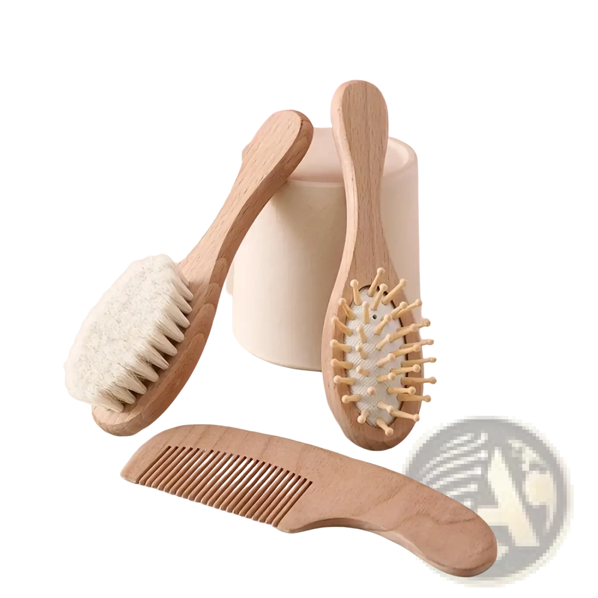 Baby wooden grooming set with three natural wood hair care tools including soft brush comb and plush white bristle scrubber