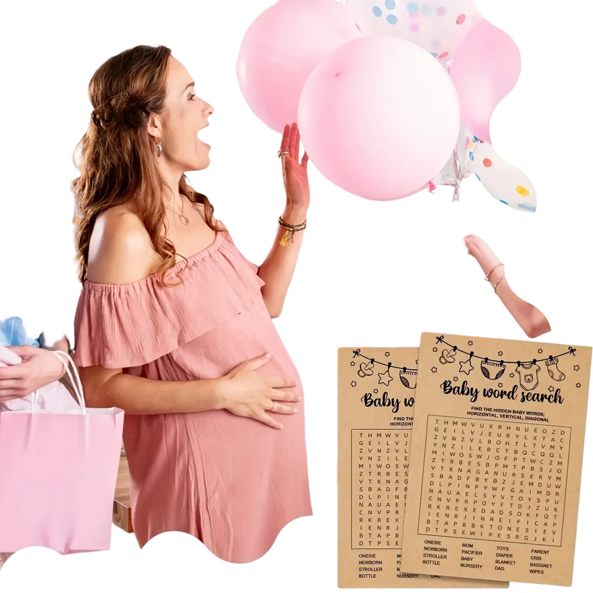 Pink off-the-shoulder maternity dress with ruffled sleeves and flowing silhouette for baby word search game cards party activity