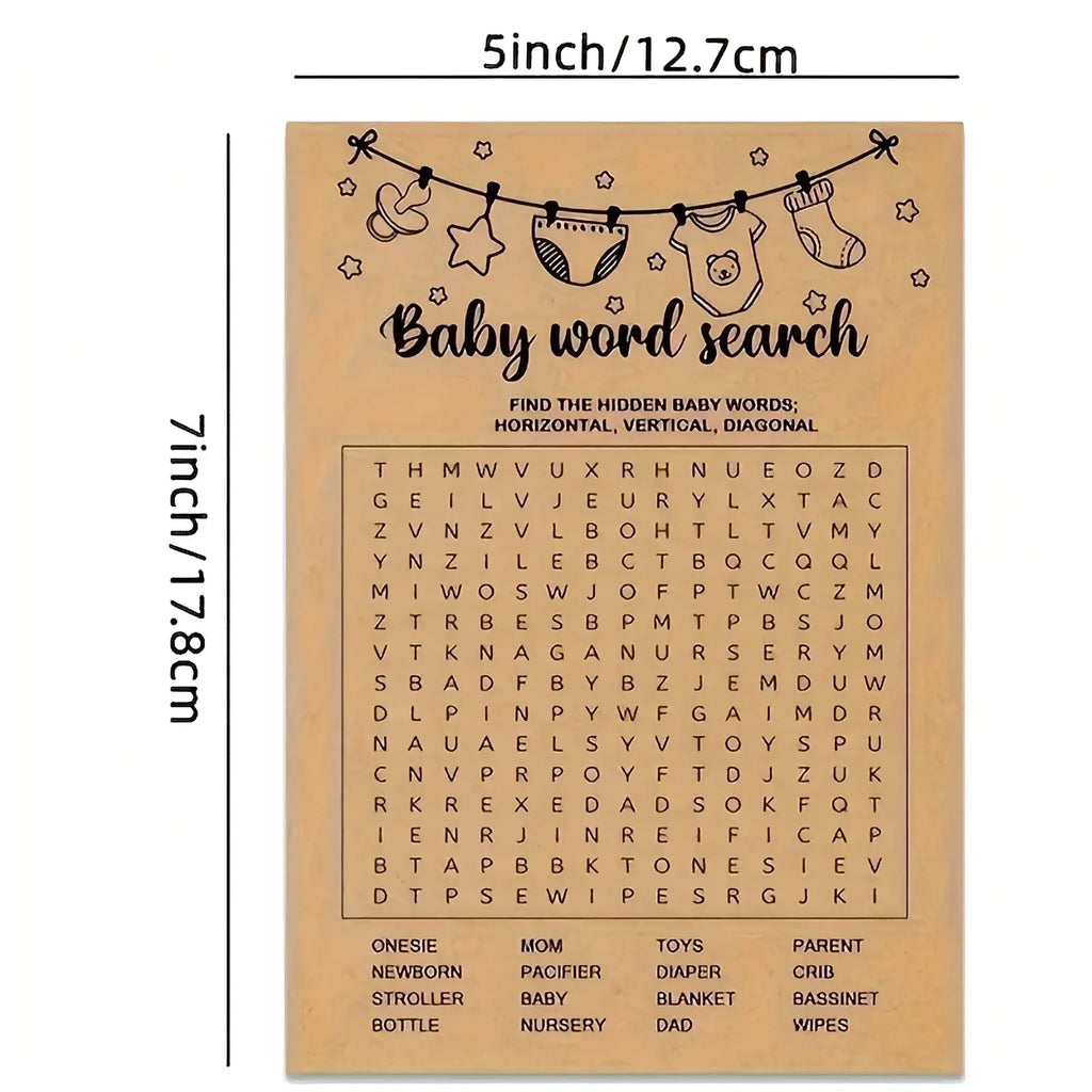 Baby word search game card on beige kraft paper with black ink baby item illustrations for party activity