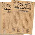 Brown kraft paper baby word search game card featuring black ink illustrations of diapers socks and onesie on clothesline