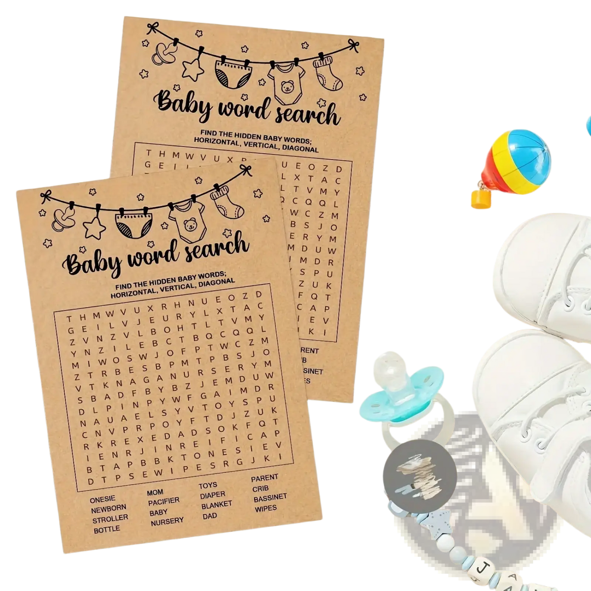 Baby word search game cards on kraft paper with black ink and illustrated baby items for party activity