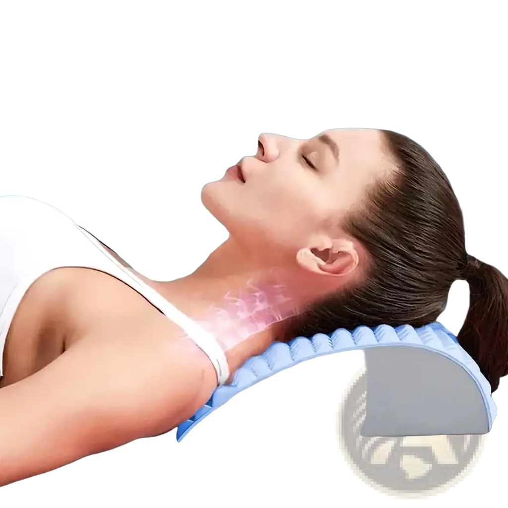 Blue and gray contoured neck pillow back side designed for neck pain relief in back stretcher and lumbar support device