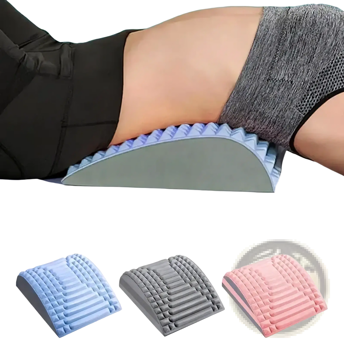 Blue and gray textured lumbar support wedge for back stretcher and pain relief device shown from the back side