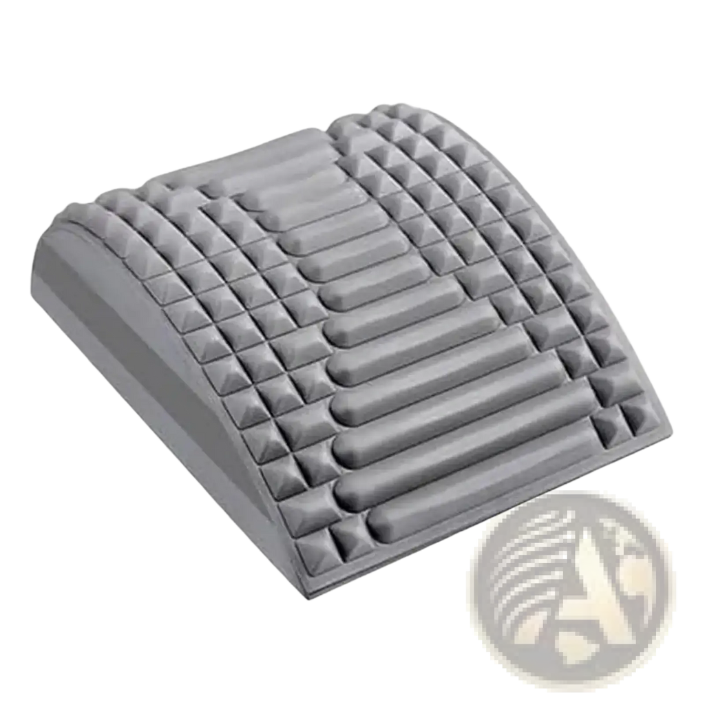 Gray ergonomic footrest with textured pyramid and rectangular bumps for back stretcher and lumbar pain relief support