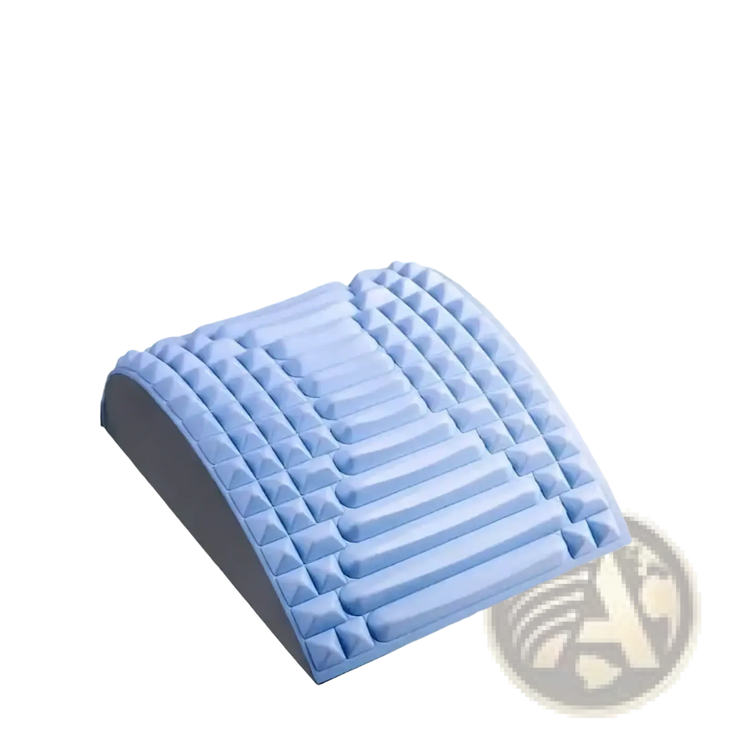 Light blue textured foam back stretcher and lumbar support with curved design and pyramid-shaped protrusions for pain relief