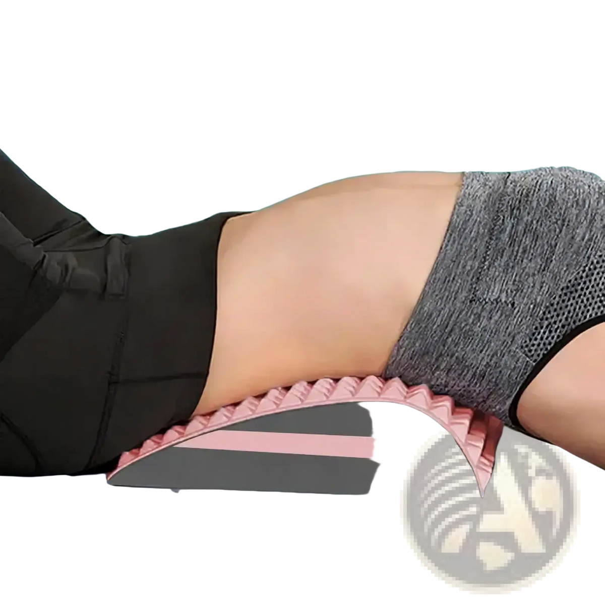 Pink and gray back stretcher and lumbar support wedge with textured spiked surface for back pain relief