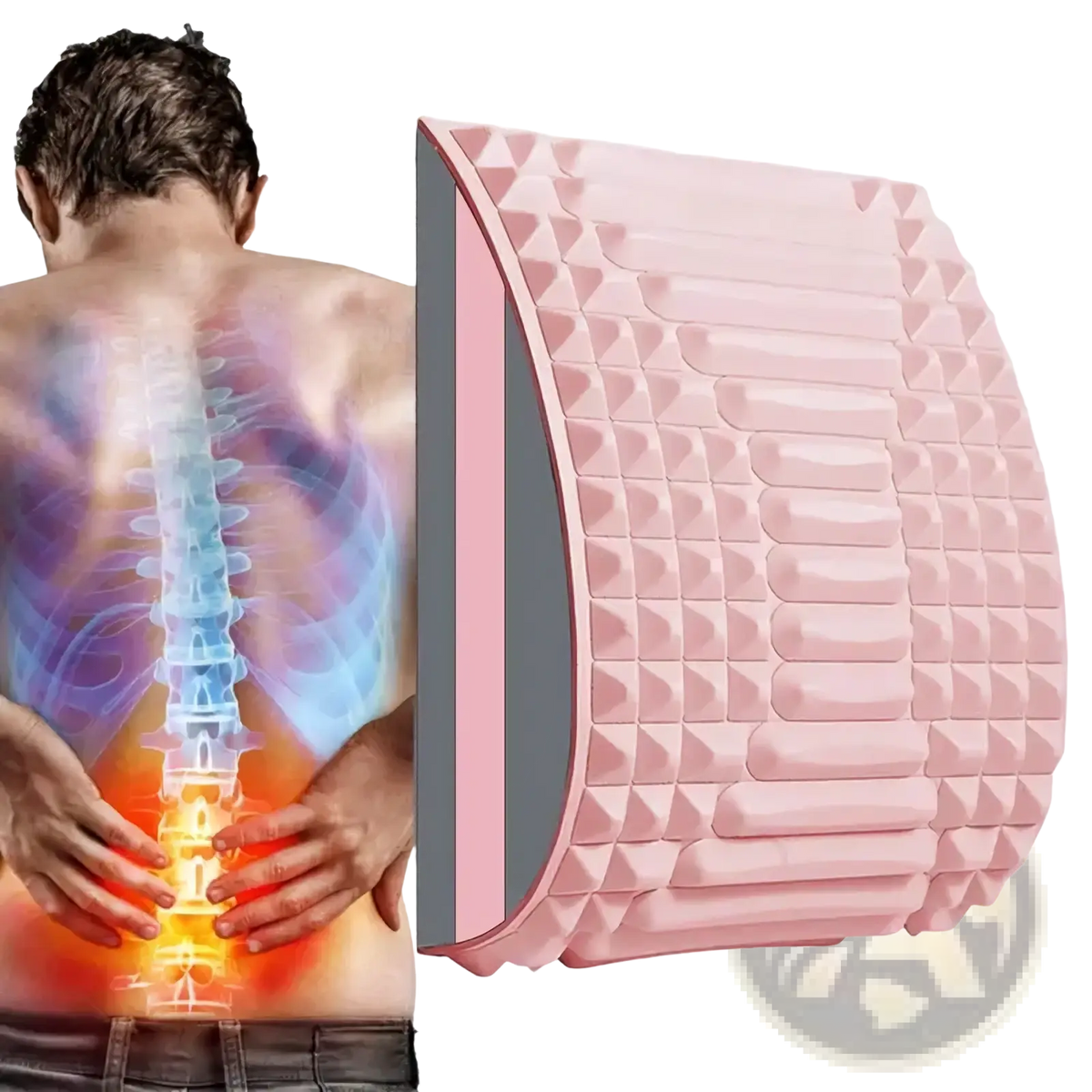 Pink textured foam back stretcher with gray inner core for lumbar support and pain relief therapy