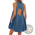 Back view of a backless bow accent sleeveless medium-wash denim mini dress with a flared skirt