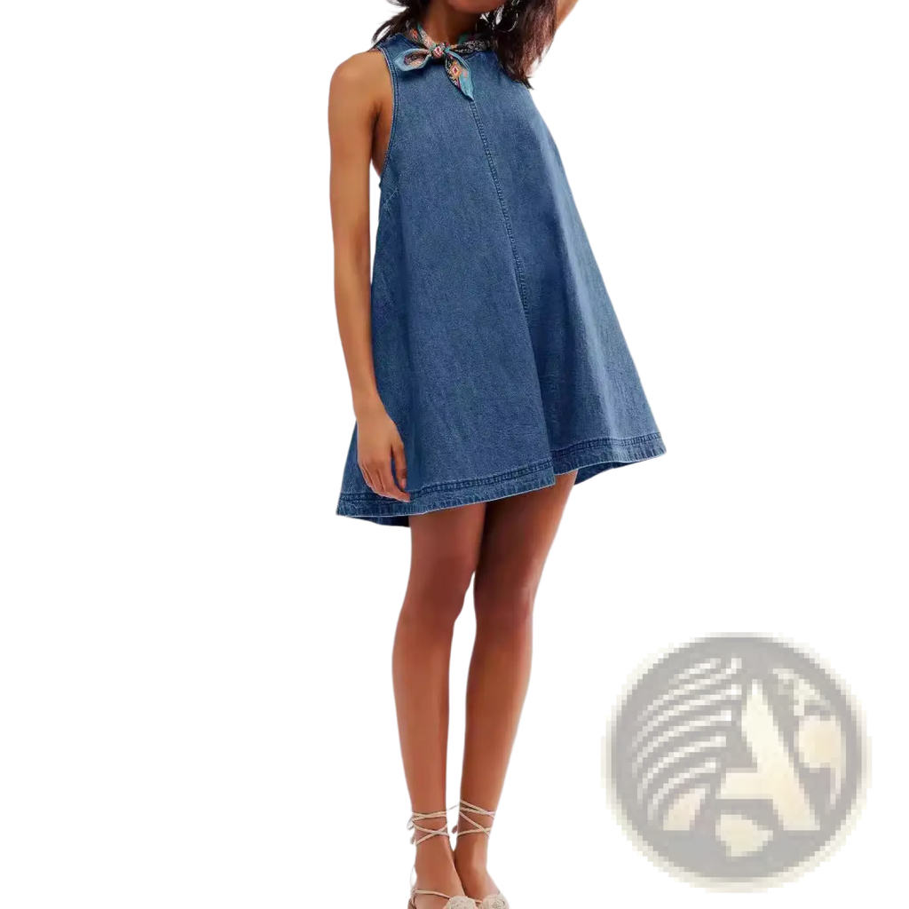 A sleeveless medium-wash denim mini dress with a high neckline and a decorative bow at the collar