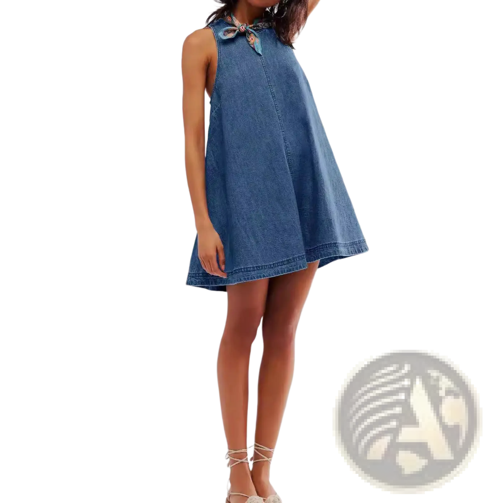 A sleeveless medium-wash denim mini dress with a high neckline and a decorative bow at the collar