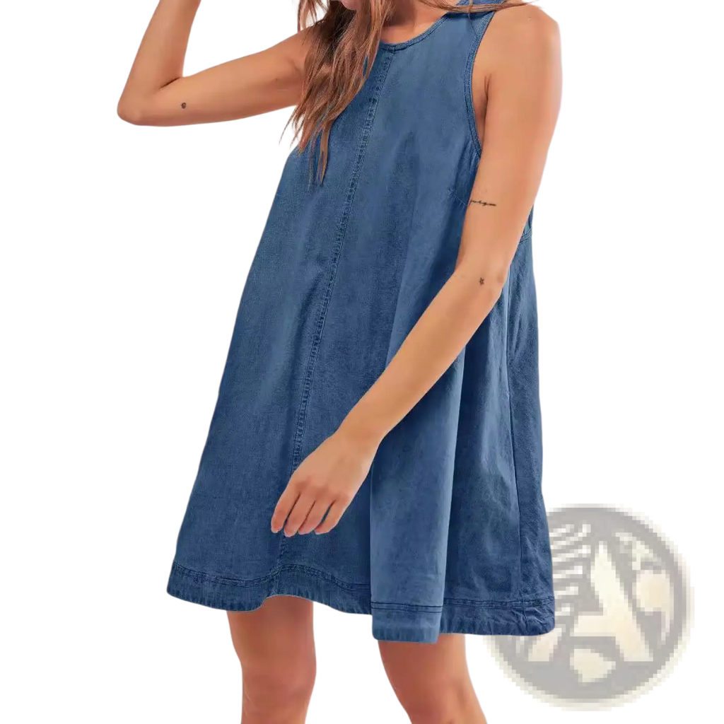 Back view of a backless bow accent sleeveless knee-length denim dress in medium blue wash with visible stitching
