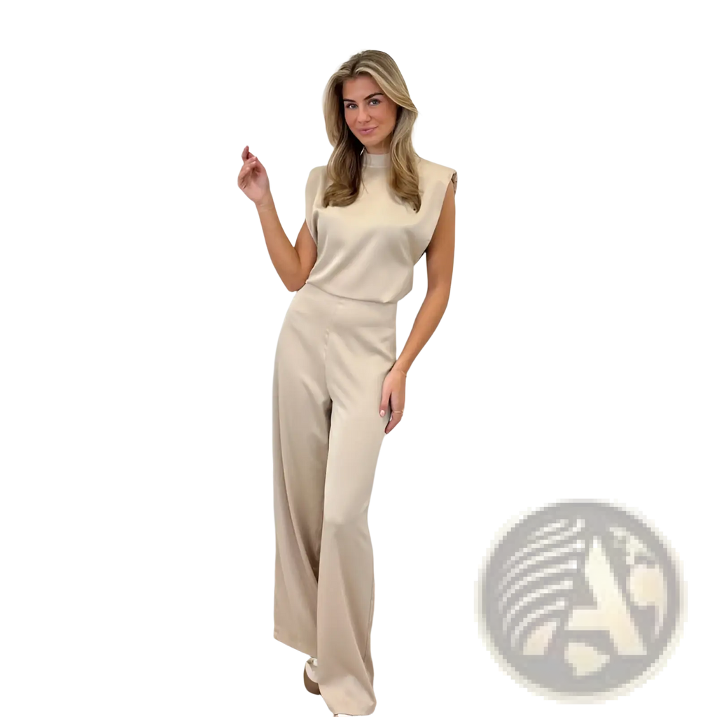 Beige sleeveless high neck backless evening dress jumpsuit with wide leg straight pants for formal occasions