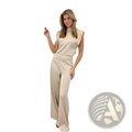 Beige sleeveless high neck backless evening dress jumpsuit with wide leg straight pants for formal occasions