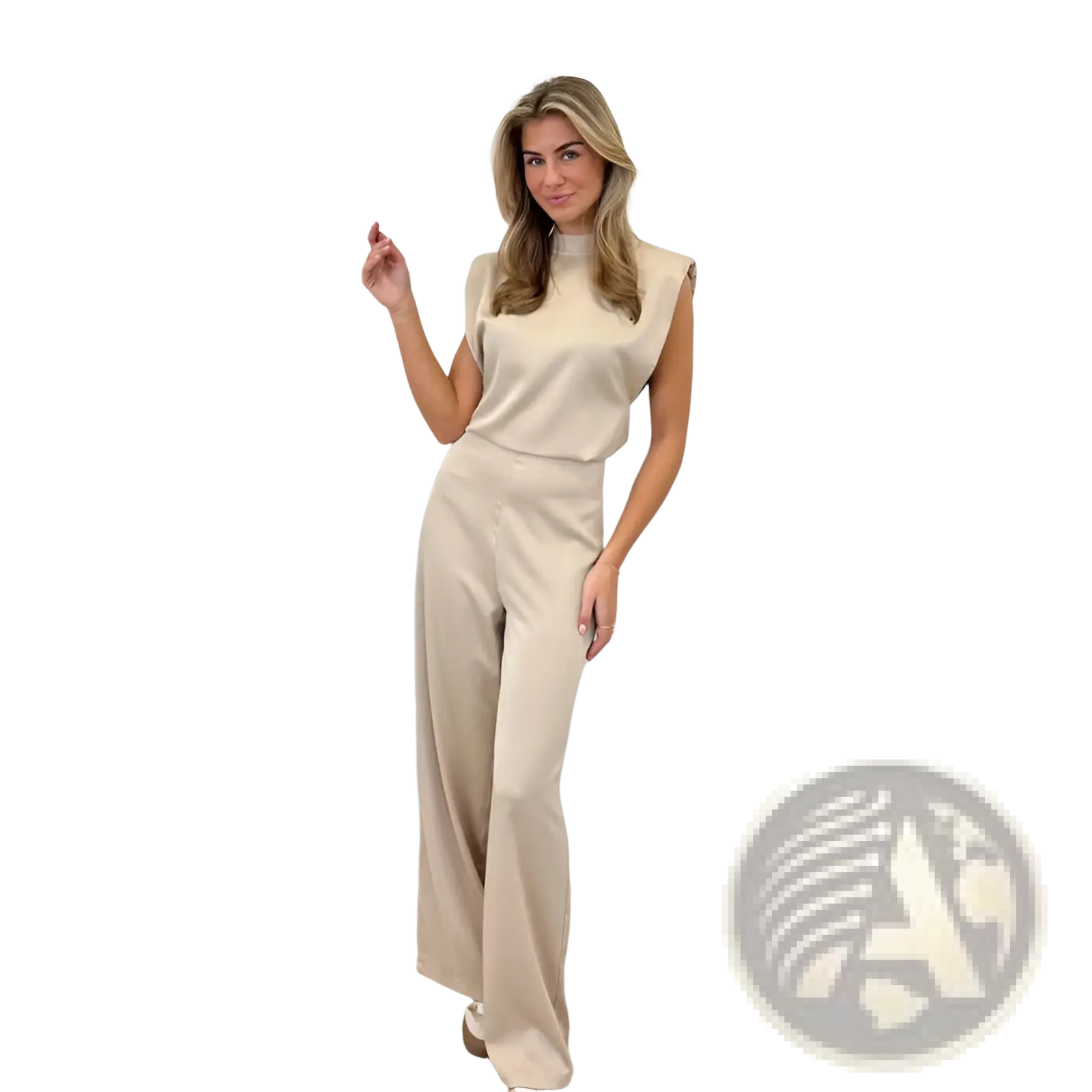Beige sleeveless high neck backless evening dress jumpsuit with wide leg straight pants for formal occasions