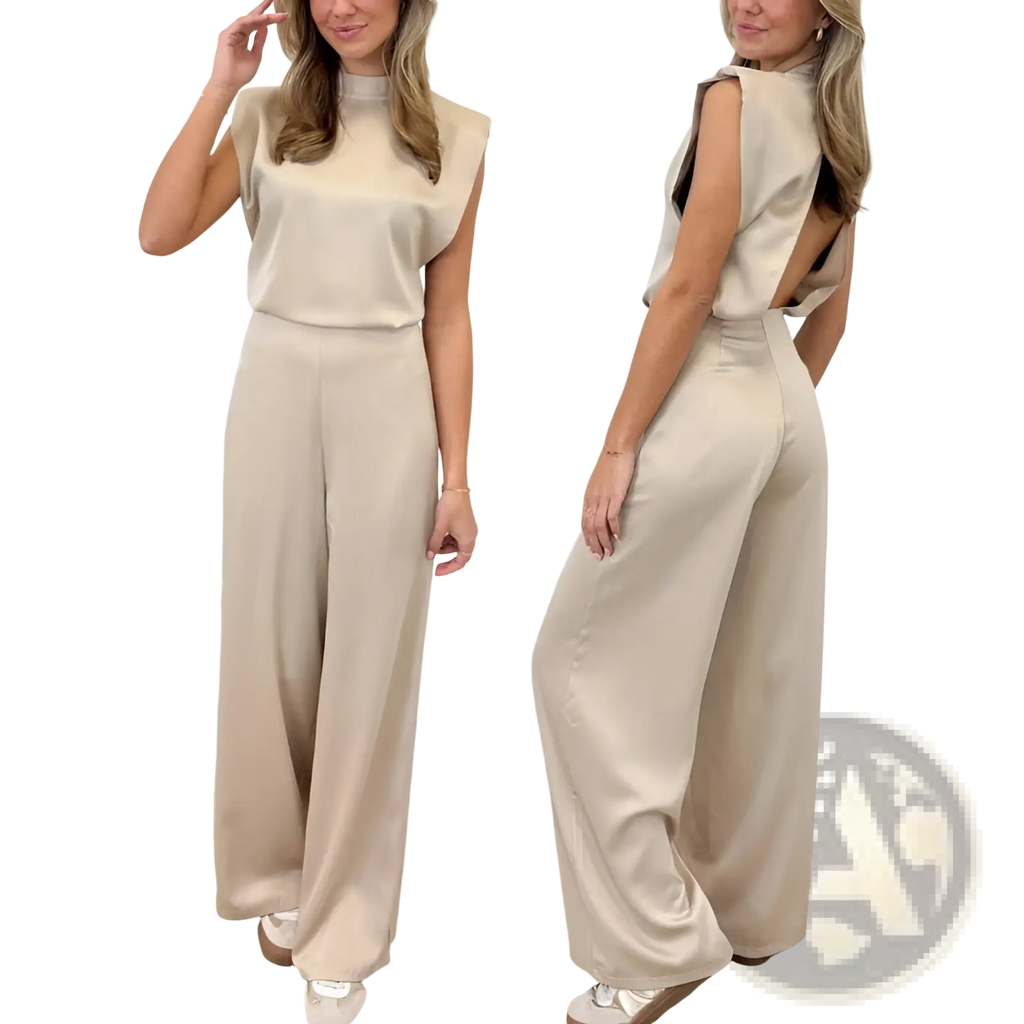 Beige satin sleeveless backless evening dress jumpsuit with high neckline and straight pants shown from the back side