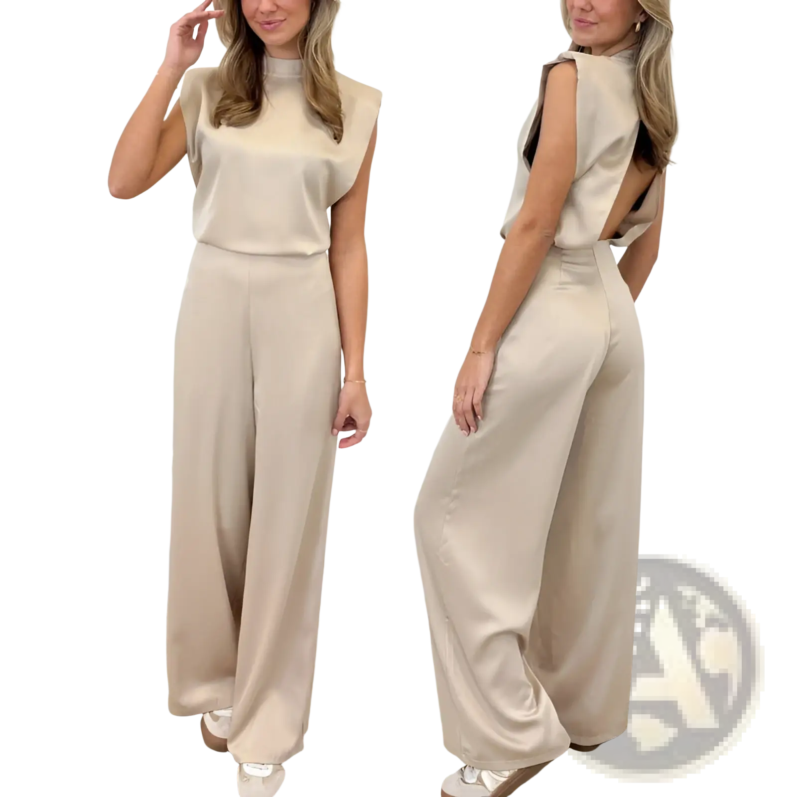 Beige satin sleeveless backless evening dress jumpsuit with high neckline and straight pants shown from the back side