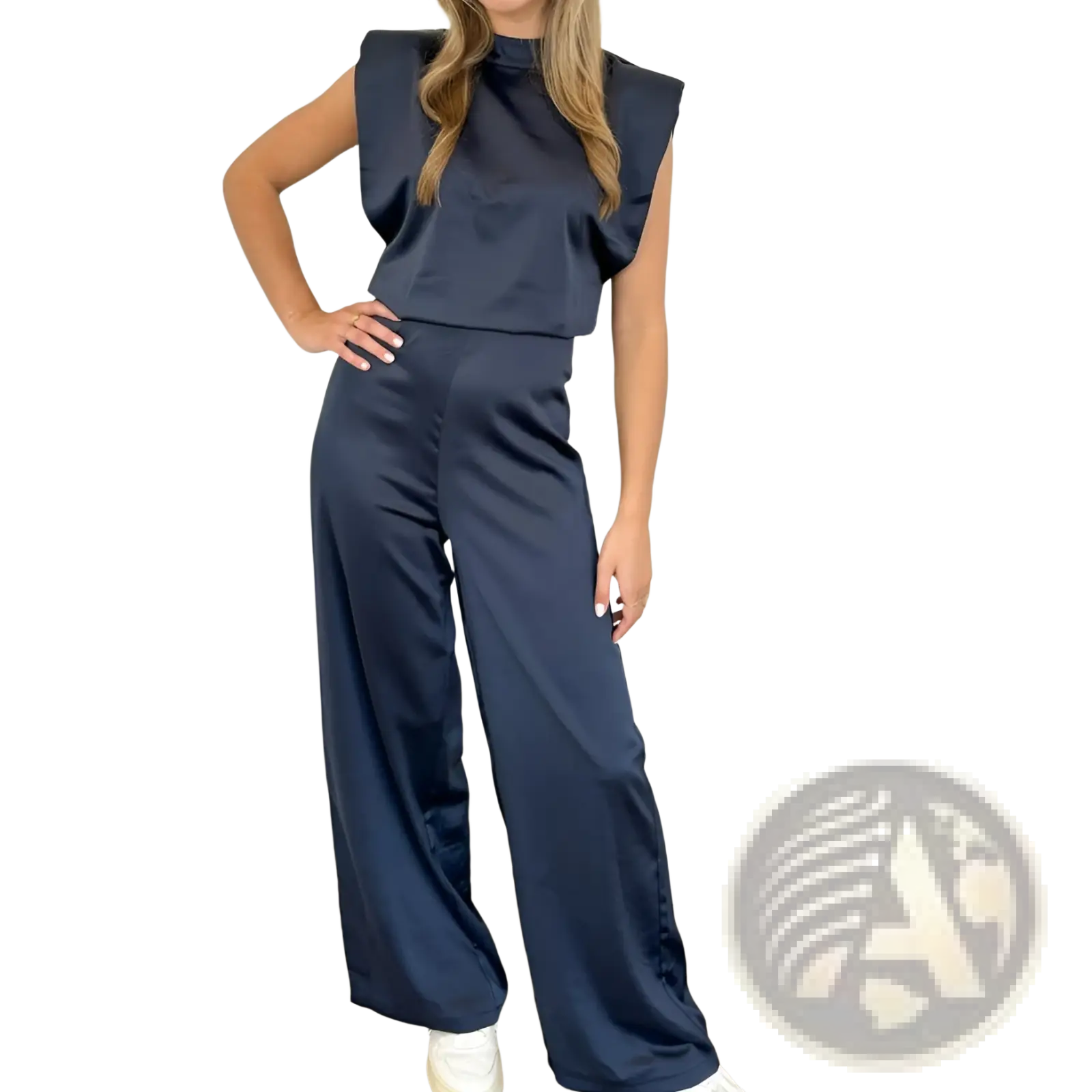 Navy satin backless evening dress jumpsuit set with sleeveless top and wide-leg straight pants shown from the back